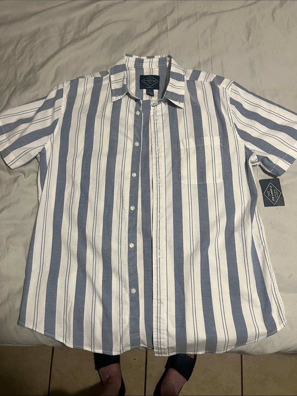 St. John's Bay Men's Short-Sleeve Button-Down Shirt - White & Blue Stripes
